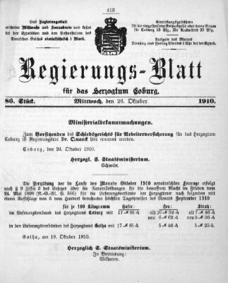 Regierungs-Blatt für das Herzogtum Coburg (Coburger Regierungs-Blatt) Mittwoch 26. Oktober 1910