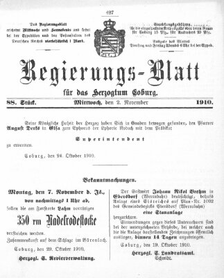 Regierungs-Blatt für das Herzogtum Coburg (Coburger Regierungs-Blatt) Mittwoch 2. November 1910