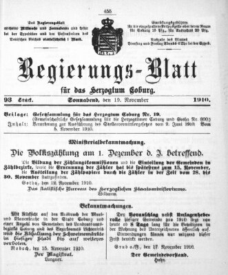 Regierungs-Blatt für das Herzogtum Coburg (Coburger Regierungs-Blatt) Samstag 19. November 1910