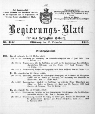 Regierungs-Blatt für das Herzogtum Coburg (Coburger Regierungs-Blatt) Mittwoch 23. November 1910