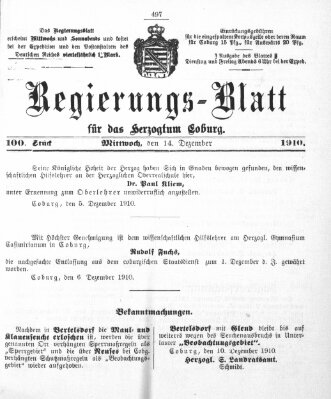 Regierungs-Blatt für das Herzogtum Coburg (Coburger Regierungs-Blatt) Mittwoch 14. Dezember 1910