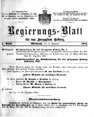 Regierungs-Blatt für das Herzogtum Coburg (Coburger Regierungs-Blatt) Mittwoch 4. Januar 1911