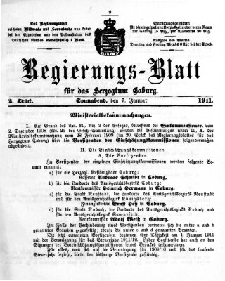 Regierungs-Blatt für das Herzogtum Coburg (Coburger Regierungs-Blatt) Samstag 7. Januar 1911