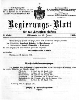 Regierungs-Blatt für das Herzogtum Coburg (Coburger Regierungs-Blatt) Mittwoch 18. Januar 1911