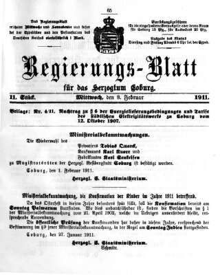 Regierungs-Blatt für das Herzogtum Coburg (Coburger Regierungs-Blatt) Mittwoch 8. Februar 1911