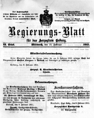 Regierungs-Blatt für das Herzogtum Coburg (Coburger Regierungs-Blatt) Mittwoch 15. Februar 1911