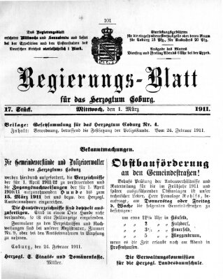 Regierungs-Blatt für das Herzogtum Coburg (Coburger Regierungs-Blatt) Mittwoch 1. März 1911