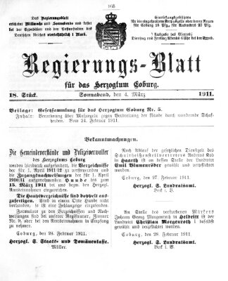 Regierungs-Blatt für das Herzogtum Coburg (Coburger Regierungs-Blatt) Samstag 4. März 1911