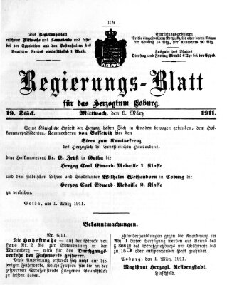 Regierungs-Blatt für das Herzogtum Coburg (Coburger Regierungs-Blatt) Mittwoch 8. März 1911