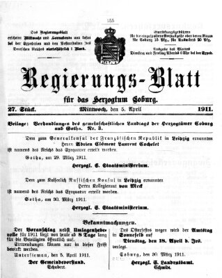 Regierungs-Blatt für das Herzogtum Coburg (Coburger Regierungs-Blatt) Mittwoch 5. April 1911