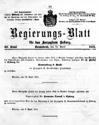 Regierungs-Blatt für das Herzogtum Coburg (Coburger Regierungs-Blatt) Samstag 15. April 1911