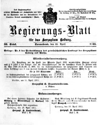 Regierungs-Blatt für das Herzogtum Coburg (Coburger Regierungs-Blatt) Samstag 22. April 1911