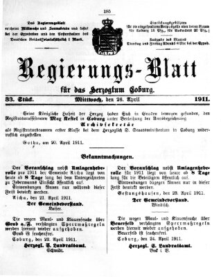 Regierungs-Blatt für das Herzogtum Coburg (Coburger Regierungs-Blatt) Mittwoch 26. April 1911