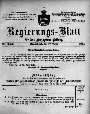 Regierungs-Blatt für das Herzogtum Coburg (Coburger Regierungs-Blatt) Samstag 29. April 1911