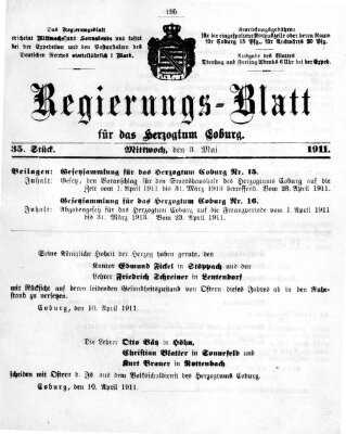 Regierungs-Blatt für das Herzogtum Coburg (Coburger Regierungs-Blatt) Mittwoch 3. Mai 1911