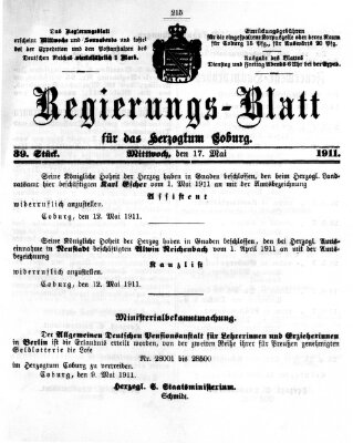 Regierungs-Blatt für das Herzogtum Coburg (Coburger Regierungs-Blatt) Mittwoch 17. Mai 1911