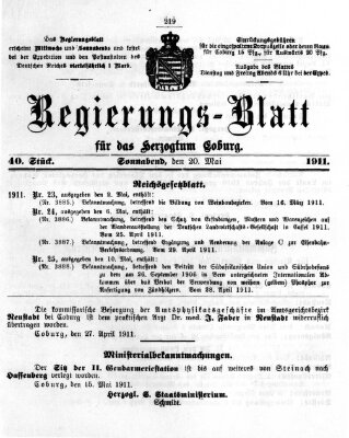 Regierungs-Blatt für das Herzogtum Coburg (Coburger Regierungs-Blatt) Samstag 20. Mai 1911