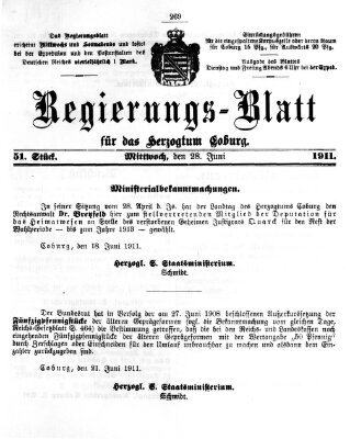 Regierungs-Blatt für das Herzogtum Coburg (Coburger Regierungs-Blatt) Mittwoch 28. Juni 1911