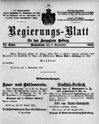 Regierungs-Blatt für das Herzogtum Coburg (Coburger Regierungs-Blatt) Samstag 2. September 1911