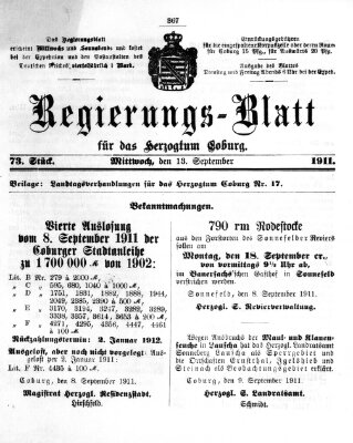 Regierungs-Blatt für das Herzogtum Coburg (Coburger Regierungs-Blatt) Mittwoch 13. September 1911