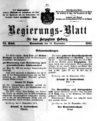 Regierungs-Blatt für das Herzogtum Coburg (Coburger Regierungs-Blatt) Samstag 16. September 1911