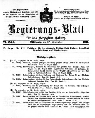 Regierungs-Blatt für das Herzogtum Coburg (Coburger Regierungs-Blatt) Mittwoch 27. September 1911