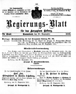 Regierungs-Blatt für das Herzogtum Coburg (Coburger Regierungs-Blatt) Samstag 30. September 1911