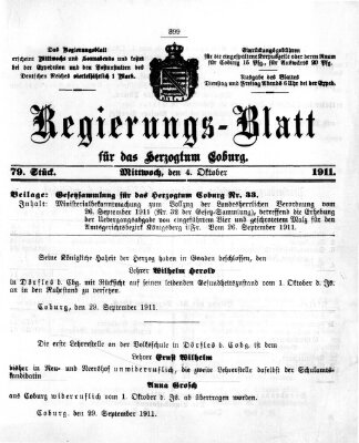 Regierungs-Blatt für das Herzogtum Coburg (Coburger Regierungs-Blatt) Mittwoch 4. Oktober 1911