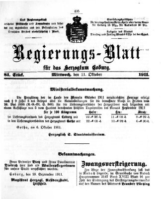 Regierungs-Blatt für das Herzogtum Coburg (Coburger Regierungs-Blatt) Mittwoch 11. Oktober 1911