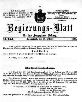 Regierungs-Blatt für das Herzogtum Coburg (Coburger Regierungs-Blatt) Samstag 21. Oktober 1911