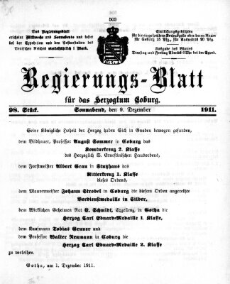 Regierungs-Blatt für das Herzogtum Coburg (Coburger Regierungs-Blatt) Samstag 9. Dezember 1911