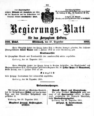 Regierungs-Blatt für das Herzogtum Coburg (Coburger Regierungs-Blatt) Mittwoch 27. Dezember 1911