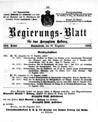 Regierungs-Blatt für das Herzogtum Coburg (Coburger Regierungs-Blatt) Samstag 30. Dezember 1911