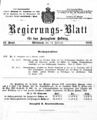 Regierungs-Blatt für das Herzogtum Coburg (Coburger Regierungs-Blatt) Mittwoch 14. Februar 1912