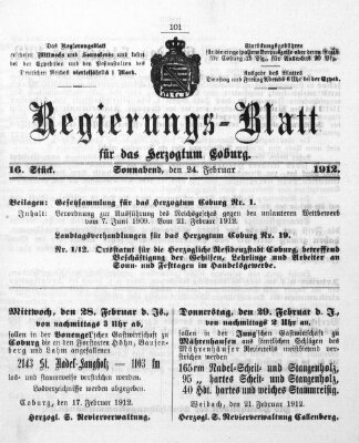 Regierungs-Blatt für das Herzogtum Coburg (Coburger Regierungs-Blatt) Samstag 24. Februar 1912