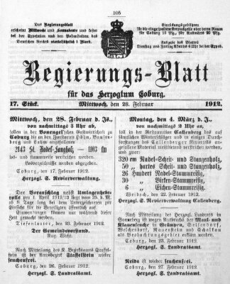 Regierungs-Blatt für das Herzogtum Coburg (Coburger Regierungs-Blatt) Mittwoch 28. Februar 1912