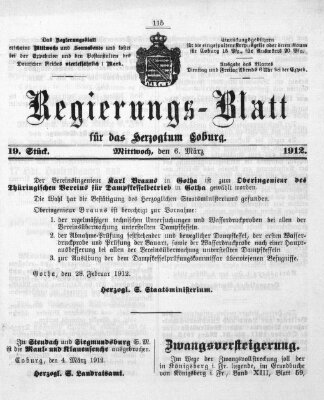 Regierungs-Blatt für das Herzogtum Coburg (Coburger Regierungs-Blatt) Mittwoch 6. März 1912