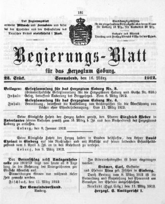 Regierungs-Blatt für das Herzogtum Coburg (Coburger Regierungs-Blatt) Samstag 16. März 1912