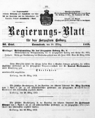 Regierungs-Blatt für das Herzogtum Coburg (Coburger Regierungs-Blatt) Samstag 30. März 1912