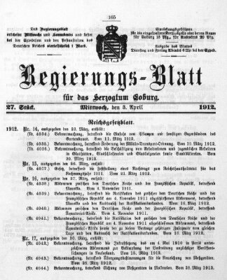 Regierungs-Blatt für das Herzogtum Coburg (Coburger Regierungs-Blatt) Mittwoch 3. April 1912