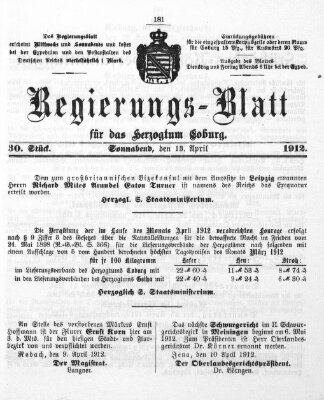 Regierungs-Blatt für das Herzogtum Coburg (Coburger Regierungs-Blatt) Samstag 13. April 1912