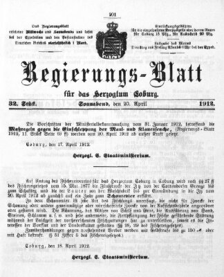 Regierungs-Blatt für das Herzogtum Coburg (Coburger Regierungs-Blatt) Samstag 20. April 1912