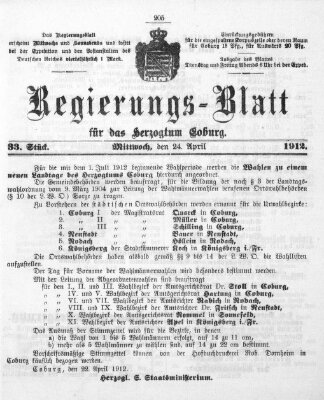 Regierungs-Blatt für das Herzogtum Coburg (Coburger Regierungs-Blatt) Mittwoch 24. April 1912