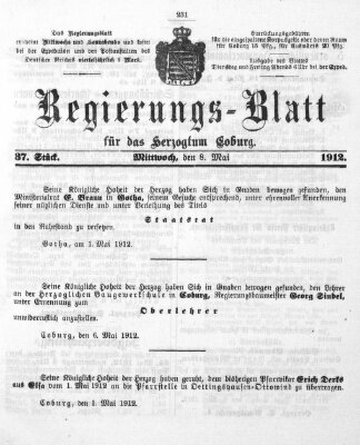 Regierungs-Blatt für das Herzogtum Coburg (Coburger Regierungs-Blatt) Mittwoch 8. Mai 1912