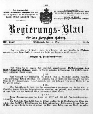 Regierungs-Blatt für das Herzogtum Coburg (Coburger Regierungs-Blatt) Mittwoch 15. Mai 1912