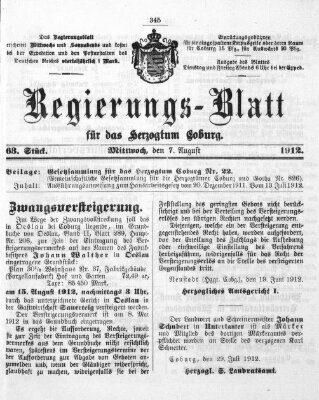 Regierungs-Blatt für das Herzogtum Coburg (Coburger Regierungs-Blatt) Mittwoch 7. August 1912