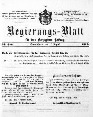 Regierungs-Blatt für das Herzogtum Coburg (Coburger Regierungs-Blatt) Samstag 10. August 1912