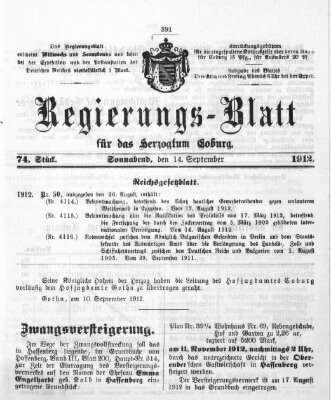 Regierungs-Blatt für das Herzogtum Coburg (Coburger Regierungs-Blatt) Samstag 14. September 1912
