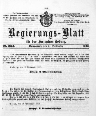 Regierungs-Blatt für das Herzogtum Coburg (Coburger Regierungs-Blatt) Samstag 21. September 1912