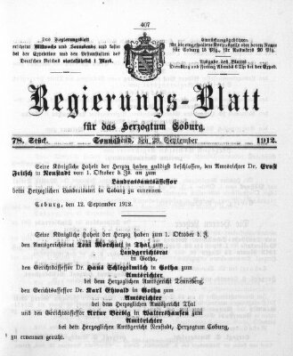 Regierungs-Blatt für das Herzogtum Coburg (Coburger Regierungs-Blatt) Samstag 28. September 1912